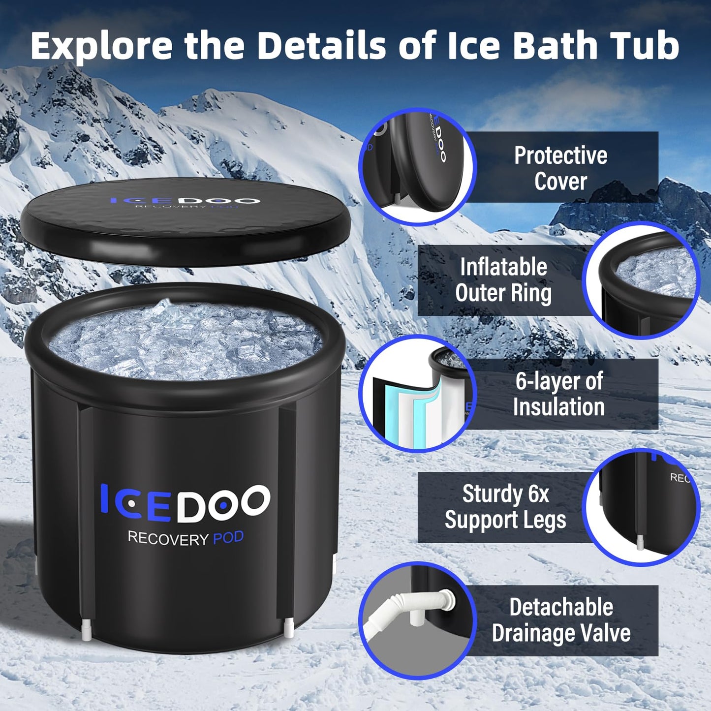 Upgrade XL Ice Bath Tub for Athletes, 119 Gallons Hot & Cold Plunge Tub with Cover for Recovery, Cold Water Therapy, Multiple Layered Portable Whirlpool Bathtubs for for Home, Gym & Outdoor