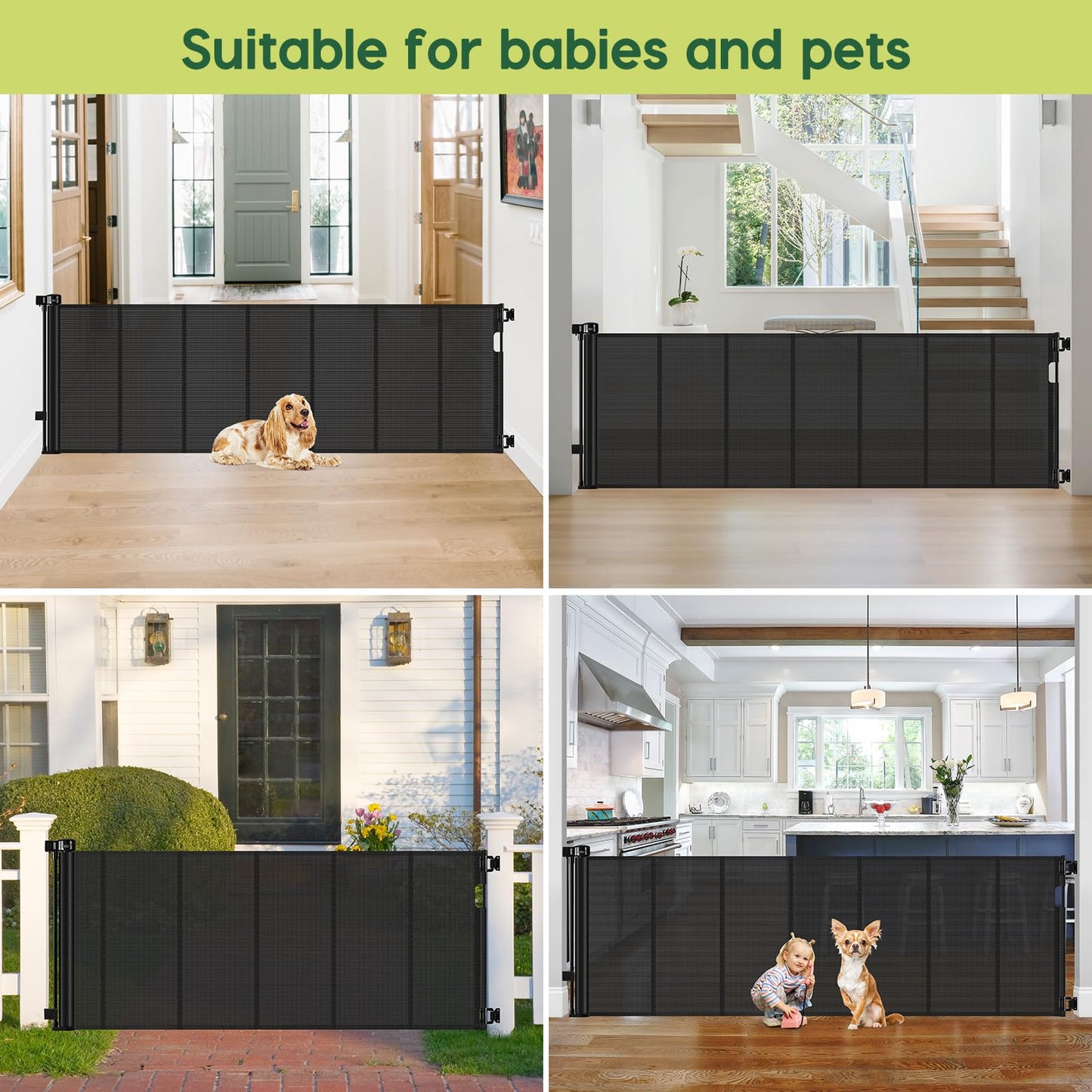 Reinforced 80 Inch Retractable Baby Gate Extra Wide Baby Gate for Wide Openings, Indoor/Outdoor Retractable Dog Gate for Doorway, Mesh Dog Gate Indoor Prevent Babies/Pets from Crawling Under, Black