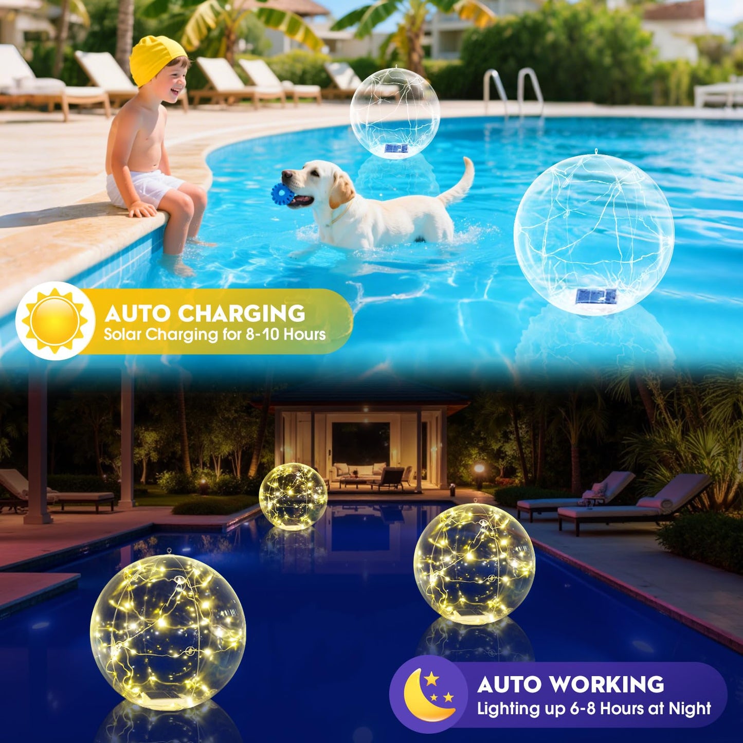 Askyli Solar Floating Pool Lights, 15 inch Waterproof Solar Pool Light that Float, Warm White LED Light up Pool Balls, Auto ON/Off Pool Solar Lights for Pools Party Wedding Pool Decor (4Piece)