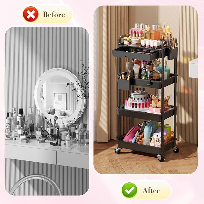 Makeup Cart Organizer with Drawers, 4 Tier Floor Skincare Organizers for Vanity, Rolling Makeup Bathroom Storage Cart Cosmetics Display Cases for Skin Care Perfume Nail Polish, Black