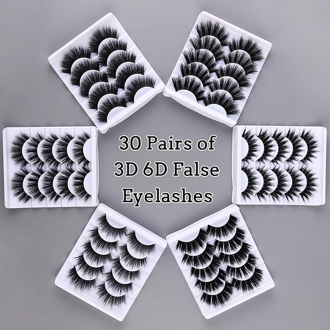 AROIC 30 Pairs False Eyelashes Kit - 3D 6D Volume Wispy Lashes with 6 Styles, Soft Lightweight Natural Look, Reusable Handmade Fluffy Lashes for Women Girls(Everyday/Cat Eye/Mink Effect/Party)