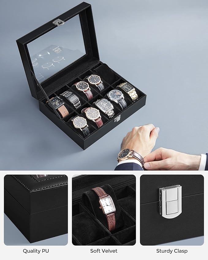 SONGMICS Watch Box, 10-Slot Watch Case Organizer with Large Glass Lid, Removable Pillows, Gift for Loved Ones, Black Synthetic Leather, Black Lining UJWB010B02