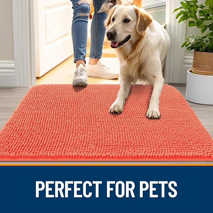 OLANLY Dog Door Mat for Muddy Paws 70x32, Absorbs Moisture and Dirt, Absorbent Non-Slip Washable Doormat, Quick Dry Chenille Mud Mat for Dogs, Entry Indoor Entryway Carpet for Inside Floor, Coral