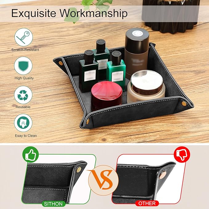 SITHON Valet Tray Desktop Storage Organizer Ã¢ÂÂ Premium PU Leather Catchall Bedside Vanity Tray Nightstand Caddy Holder for Keys, Phone, Wallet, Coin, Jewelry, Valentine's Day Gift, Black