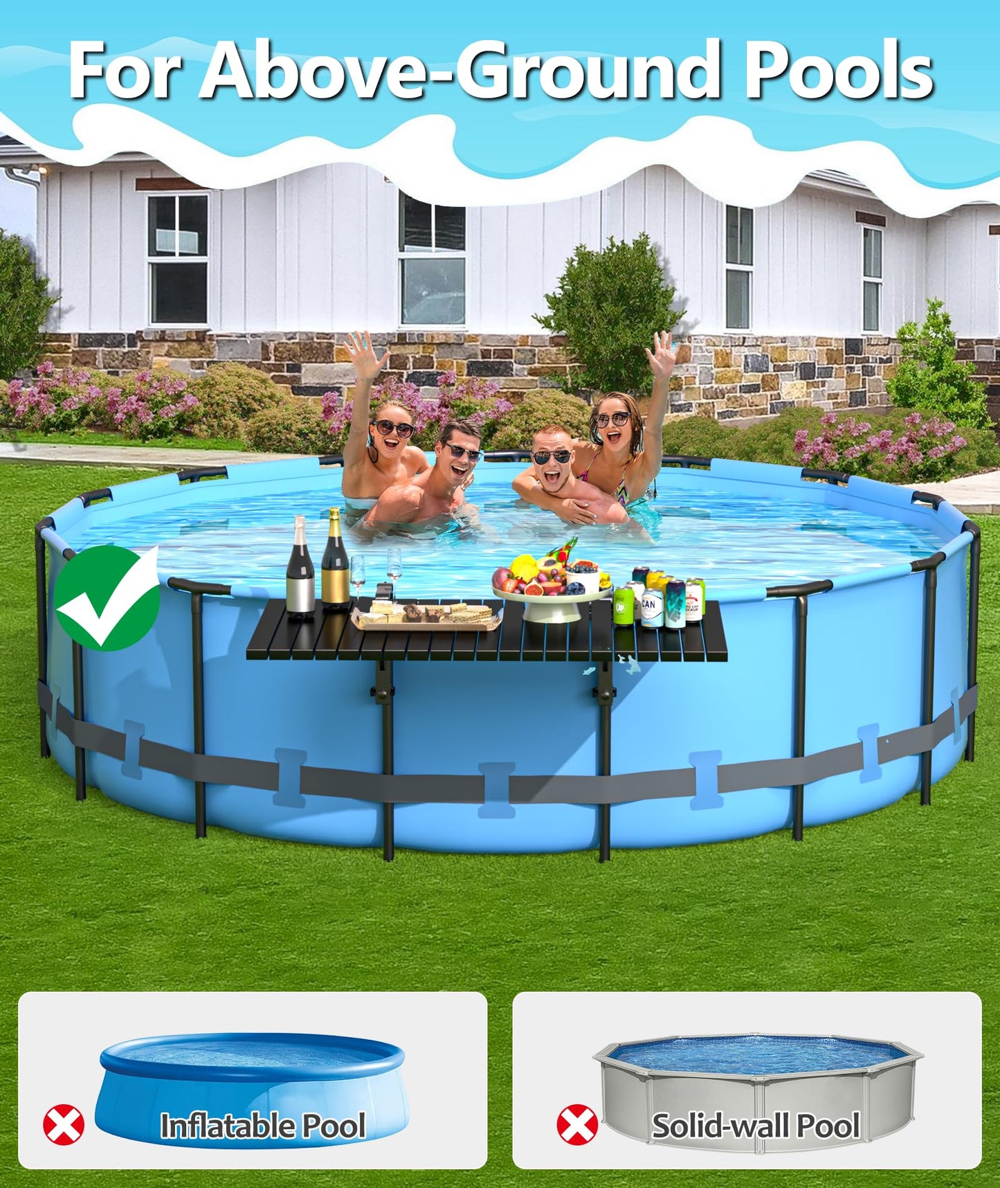 BoYata Pool Bar, Above Ground Pool Side Bar, 49.4×9.6" Galvanized Iron Poolside Table Holds 110LBS, Swim Up Bars Fit Top Rails 4.48" or Less, Frame Above Ground Round & Oval Swimming Pools Accessories
