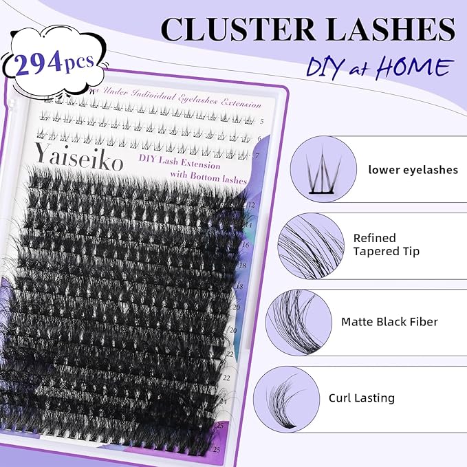 Lash Clusters with Bottom Lashes 12-25mm Thick Cluster Eyelash Extensions 294Pcs Wispy Individual Lashes with Lower Eyelash Clusters 100D Plant Fibers Lashes Clusters DIY at Home, by Yaiseiko