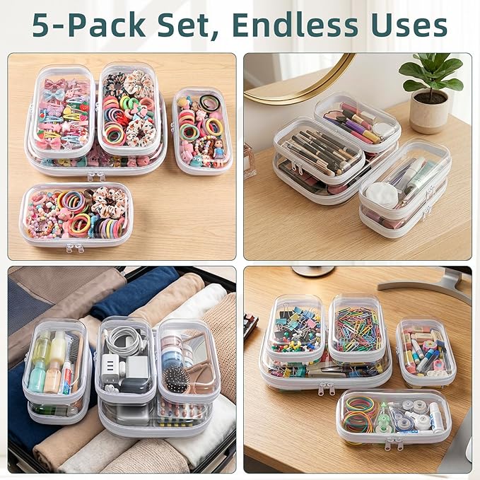 Clear Hard Shell Zipper Cases (5 Packs), Plastic Hard Sided Zippers Pouches Clear Hardshell Pencil Case For Storage, Diaper Bag Organizer Bliss Bins 4*Small/1*Medium