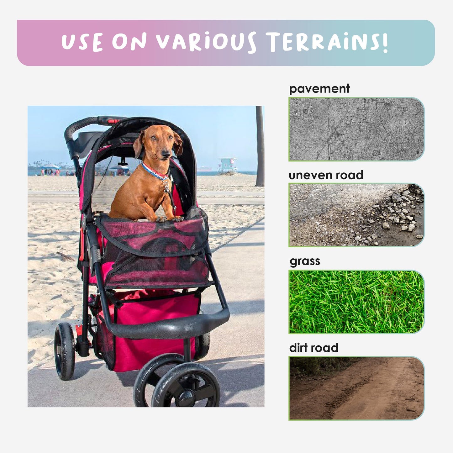 Petique Durable Pet Stroller, Easy Fold, Quality mesh Windows, Large Storage Basket, Secure Cup Holder Tray, for Small to Medium Dog, Cat, Bunny, Supports Pets up to 55LBS - RAZZBERRY