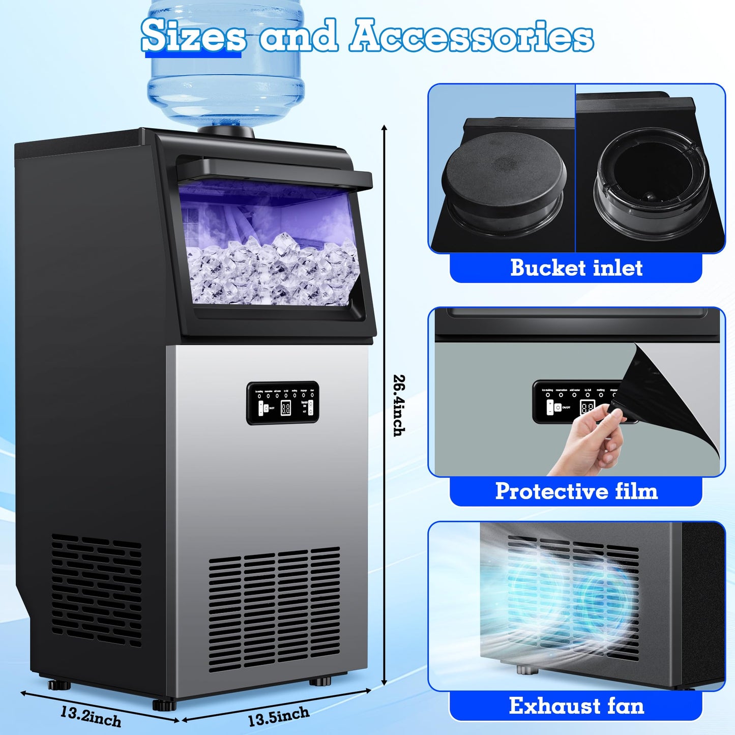 Commercial Ice Maker Machine 100LBS/24H, 36Ice Cubes/Cycle Stainless Steel Freestanding & Undercounter Ice Maker with 20LBS Storage, 2 Water Inlet Modes,Self-Cleaning for Homes,Bars,Restaurants