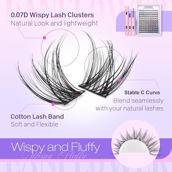 Natural Lash Clusters Kit Wispy Lash Extension Kit C Curved Eyelash Clusters Kit Natural Cluster Eyelash Extensions Kit 8-16mm Individual Lashes with Lash Bond and Seal Lash Tweezers by Lanflower