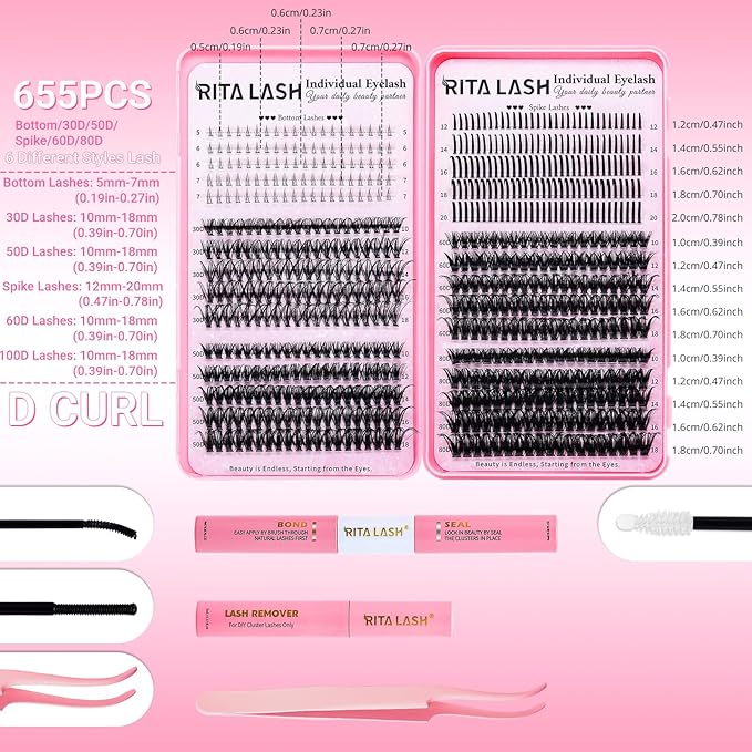 Lash Clusters Kit DIY Lash Extension Kit Cluster Lashes Kit+Bottom Lashes+Spikes Eyelash Extensions with Lash Bond and Seal,Lash Remover,Tweezers RITALASH(30D 50D 60D 80D+Bottom Lashes+Spike Lash Kit)