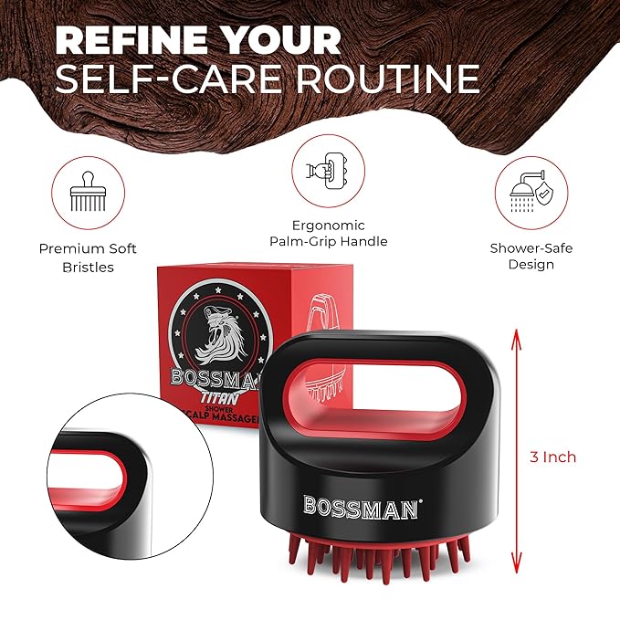 Bossman Titan Shower Scalp Massager – Scalp Exfoliator Brush – Ergonomic Silicone Scrubber for Product Build-Up, Dandruff & Pore Stimulation – Head & Beard Care Tool with Soft Bristles