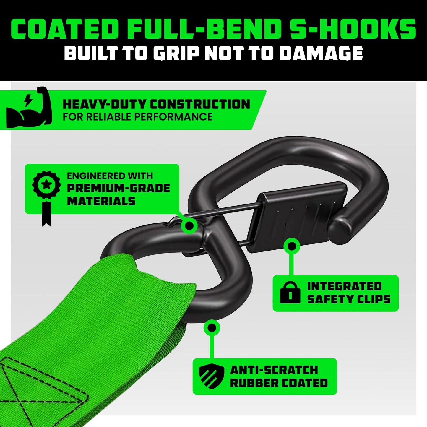Rhino USA Ratchet Straps Heavy Duty Kit (4-Pack) - 1.6 Inch x 8 Feet Min Break Strength (5,000) - Ultimate Tie Down Straps with Safety S Hooks for Trucks, ATV, UTV, Motorcycle, Cargo & More - Green