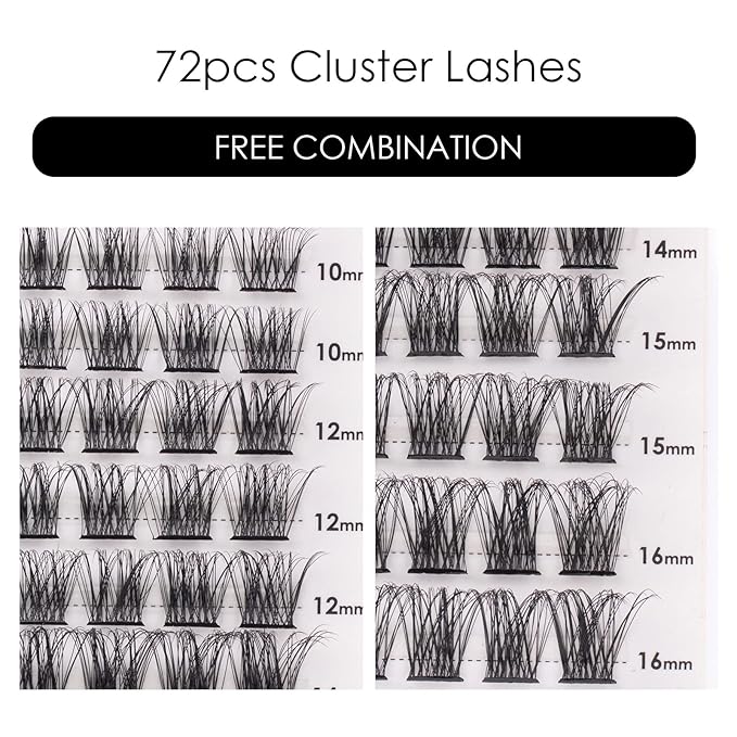 Cluster Lashes 72 Individual Lashes Clusters Eyelash Extensions False Eyelashes DIY Lash Extension Kit Reusable False Eyelashes Natural Look Mix 10-16mm-DM17