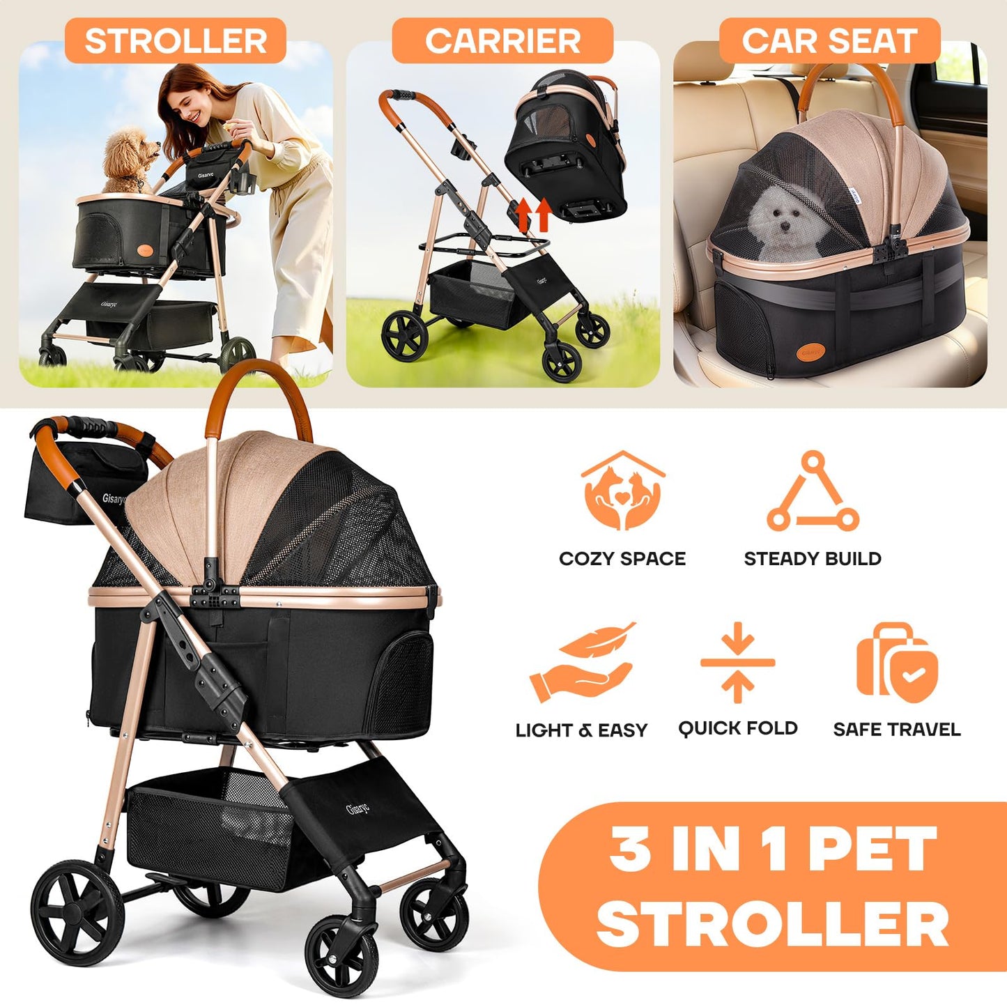 Dog Cat Stroller for Small/Medium Pets up to 50 lbs, 3-in-1 Foldable Pet Stroller with Detachable Carrier, Car Seat, Storage Basket, Cup Holder, Hanging Bag, Rain Cover, All-Terrain 4 Wheels (Khaki)