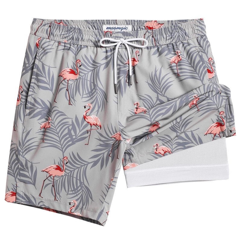 maamgic Mens Swim Trunks with Compression Liner 7 Inch Inseam Mens Bathing Suit Quick Dry Swimming Trunks Swimsuit Flamingo Gray White Medium