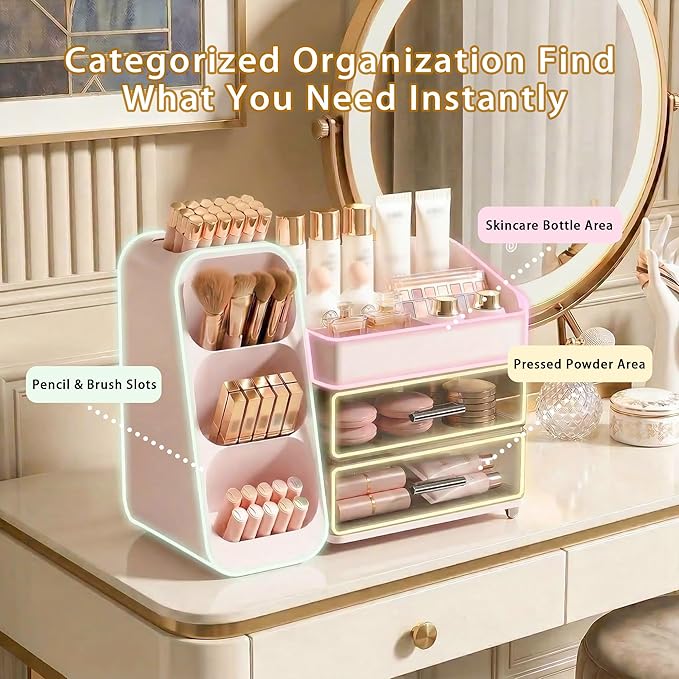 Large Capacity Makeup Organizer Countertop with Makeup Brush Holder for Vanity, Thickened Material, Bathroom Countertop Organizer Skin Care Perfumes Storage, Teen Girl Gifts for 12-23 YearÃ¯Â¼ÂpinkÃ¯Â¼Â