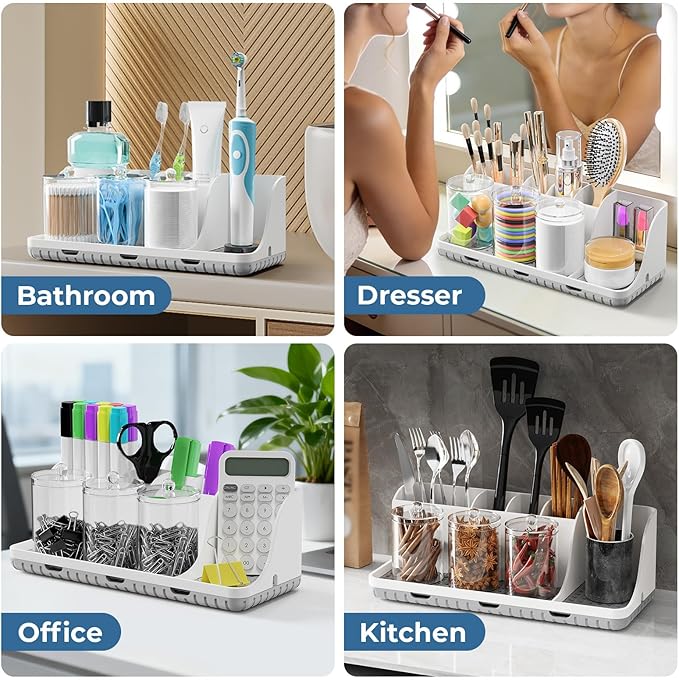 PARKMANI Bathroom Counter Organizers and Storage, Toothbrush Holders for Bathrooms with 3 PCS Qtip Holder, Kids Electric Toothbrush and Toothpaste Holder for Bathroom Vanity Sink Organizer (White)