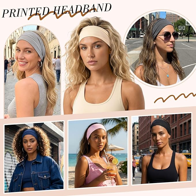 obeoby Wide Sport Headbands, 8 Pack Stretchy Headbands for Yoga Running Simple Solid Color Head Bands for Fitness Enthusiasts