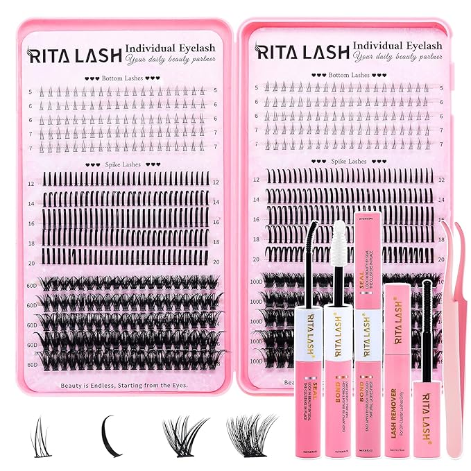 RITALASH Lash Extension Kit Cluster Lashes Kit+Bottom Lashes+Spikes Lash Clusters Eyelash Extensions with Lash Bond and Seal,Lash Remover,Lash Tweezers(60D 100D+Bottom Lashes+Spike Lash Kit)