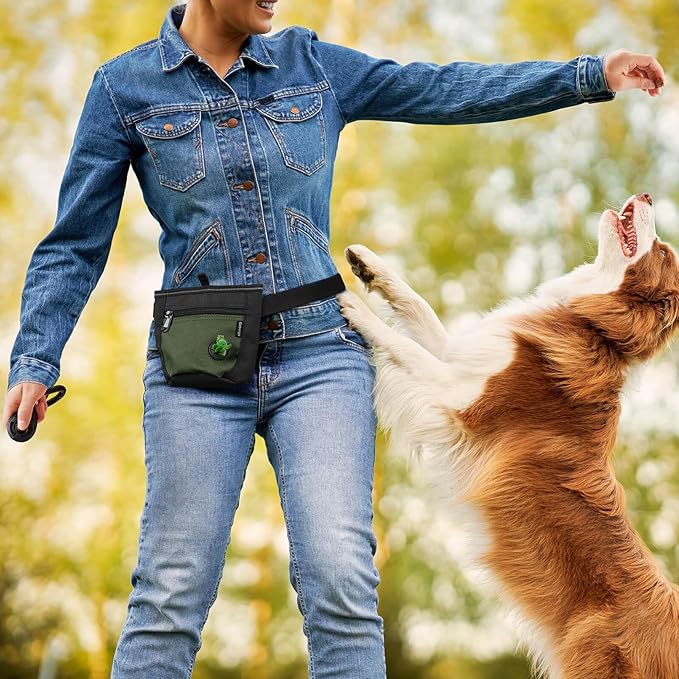 Gobeigo Dog Treat Pouch and Training Clicker, Upgrade Two Magnetic Closure to Prevent Spills, 2 Cup Treat Bag with Poop Bag Dispenser, Metal Clip Waist Belt Fanny Pack for Pet Walk (Black/Army Green)