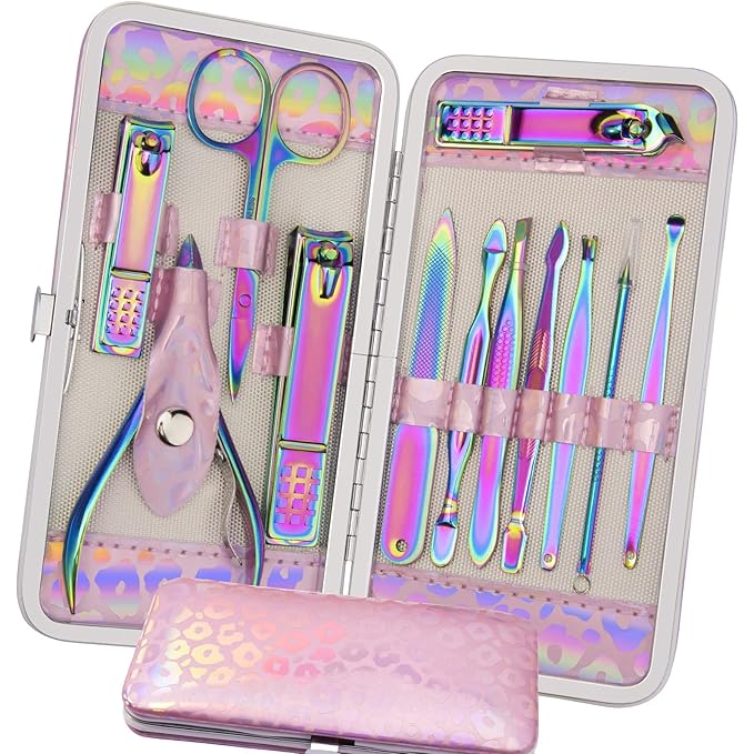 ANRUI Manicure Set Nail Clippers Pedicure Kit - 12pcs Stainless Steel Nail Kit, Colorful Professional Nail Care Kit Nail Files & Scissors Tools for Hands Foot Facial - Pink