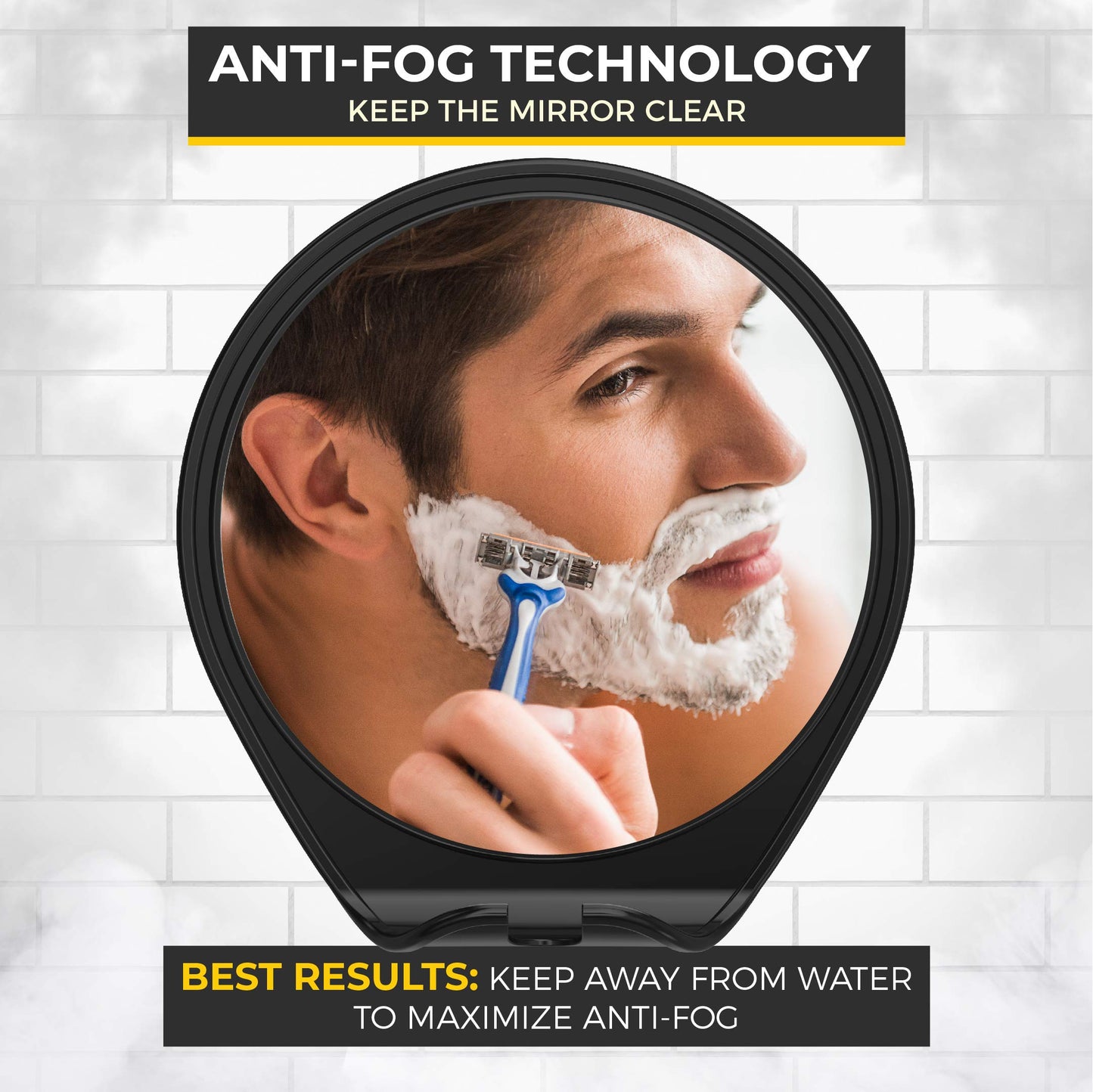 HONEYBULL Fogless Shower Mirror with Suction Mount & Swivel – Anti-Fog Acrylic Bathroom Mirror for Shaving – Built-in Razor Holder, Easy Install, Home Shower Accessory (Black)