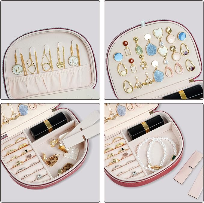 ProCase Travel Size Jewelry Box, Medium Portable Seashell-Shaped Jewelry Case, 2 Layer Jewelry Organizer in PU Leather for Women -Red