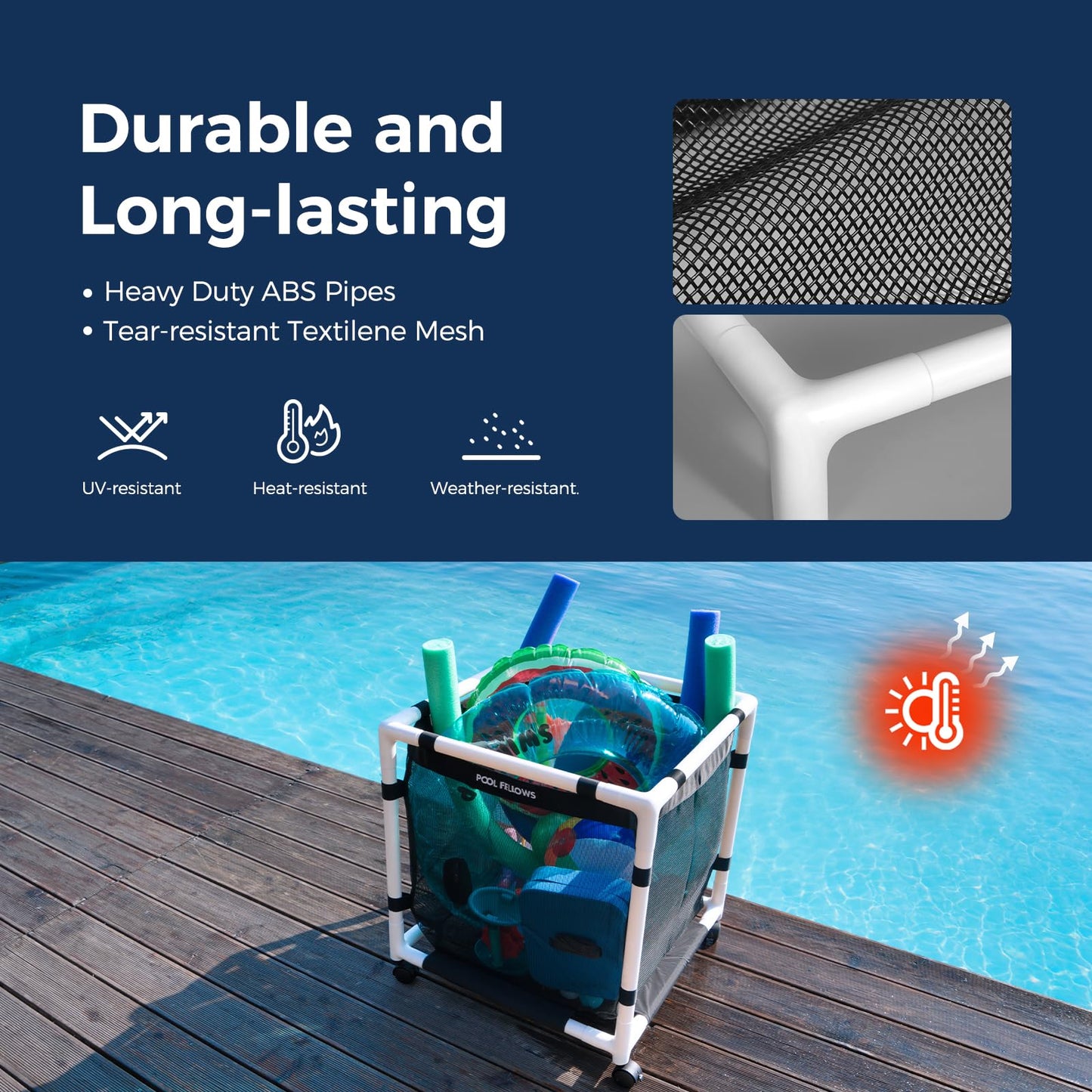 POOL FELLOWS Pool Storage Bin, 214 Gallons, Holder for Noodles, Toys, Floats, Towels, Large Mesh Organizer for Swimming Equipments, Max Style