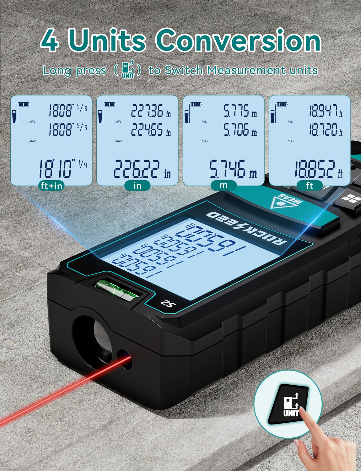 Laser Measure,RockSeed Digital Laser Distance Meter with 2 Bubble Levels,Portable M/in/Ft Unit Switching Backlit LCD and Measuring Distance/Area/Volume/Pythagorean