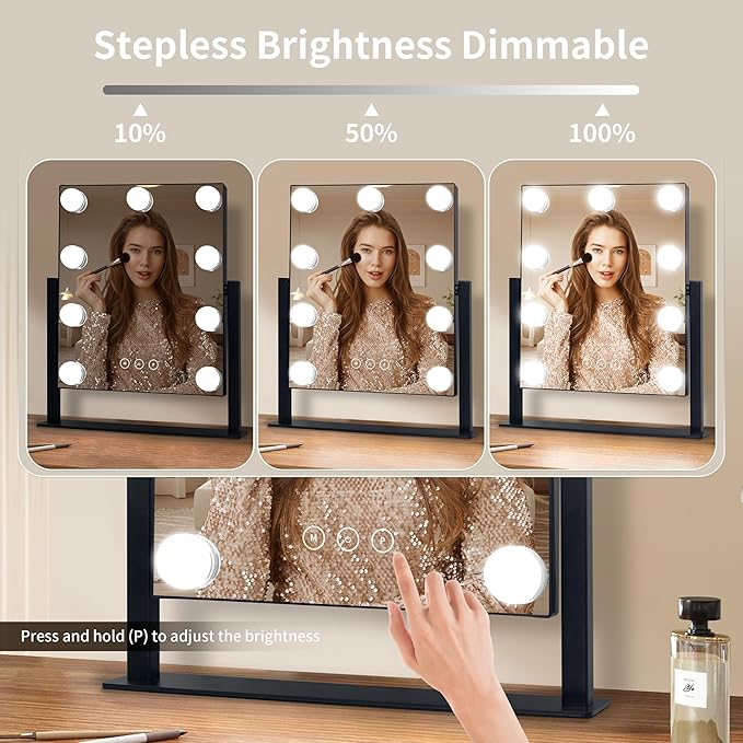 Vanity Mirror with Lights,Makeup Mirror with Lights with 9 Dimmable LED Bulbs, 3 Color Lighting Modes Detachable 10X Magnification Mirror Touch Control,360°Rotation