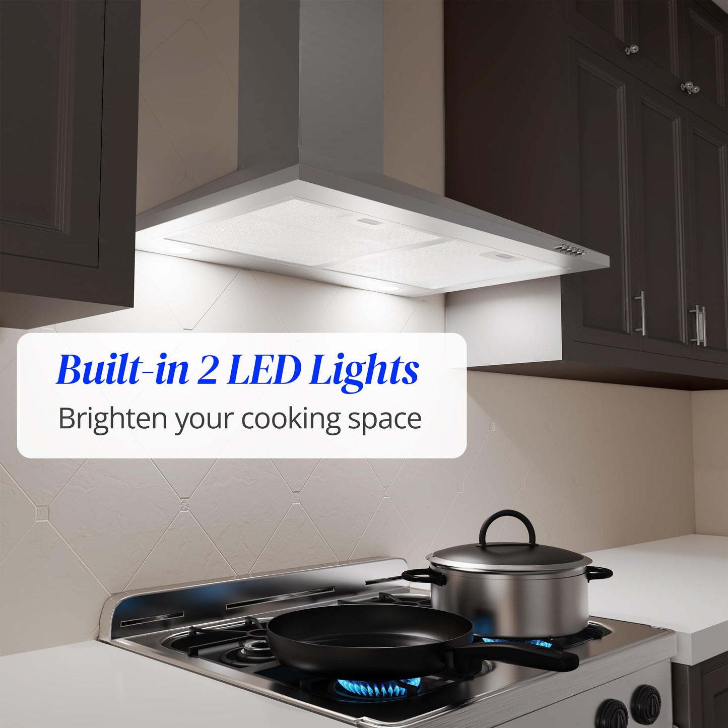 FIREGAS Range Hood 30 inch, Wall Mount Range Hood with LED Lights, 3-Speed Exhaust Fan, Ducted/Ductless Convertible, Aluminum Mesh Filters, Button Controls, Stainless Steel Kitchen Vent Hood