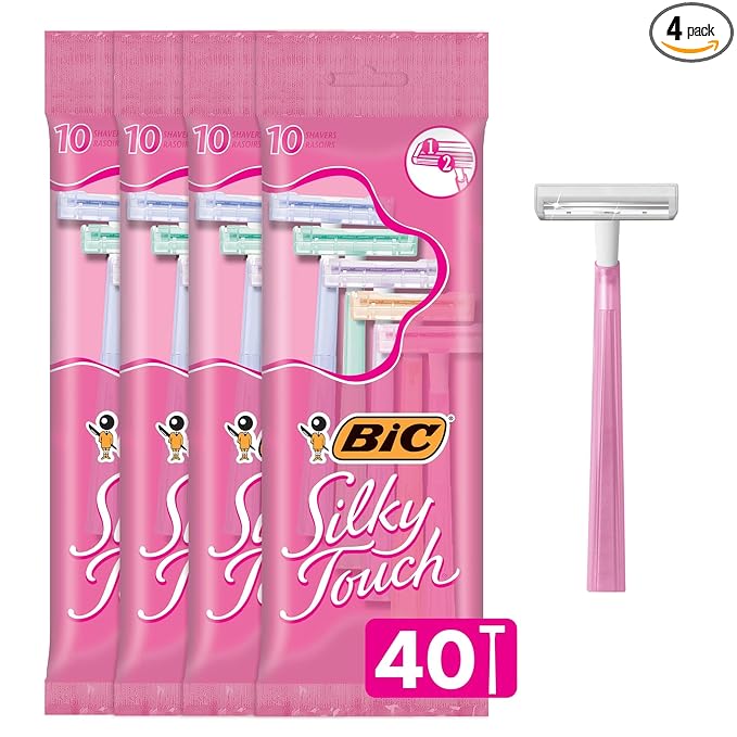BIC Silky Touch Women's Disposable Razors, With 2 Blades, Pretty Pastel Razor Handles, 40 Count Value Pack of Shaving Razors