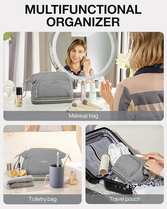 BAGSMART Travel Makeup Bag, Cosmetic Bag Make Up Organizer Case, Large Wide-open Pouch for Women Double Layers Purse for Toiletries Accessories Brushes Greey