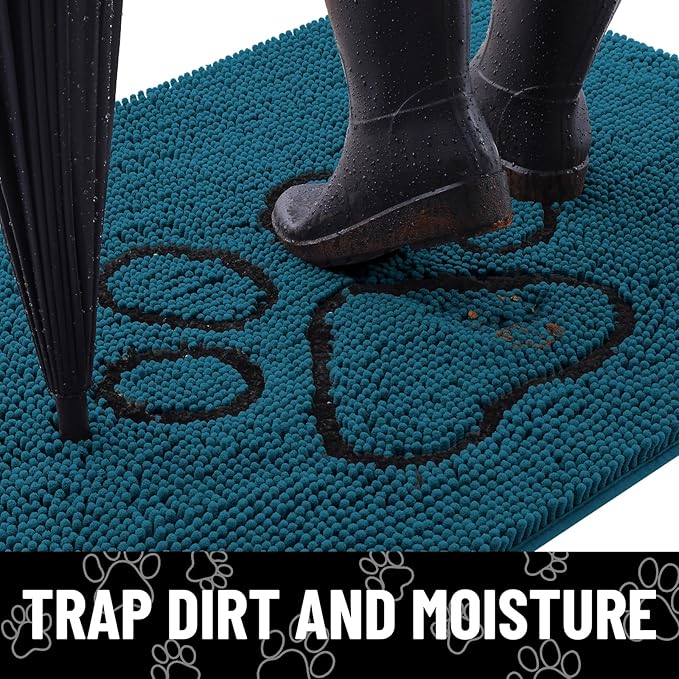 Smiry Dog Door Mat for Muddy Paws, Absorbent Dirt Trapper Non Slip Quick Dry Washable Chenille Mat for Mud Dogs, Entry Rug for Indoor and Outdoor (48x30 Inches, Atlantic Blue and Black)