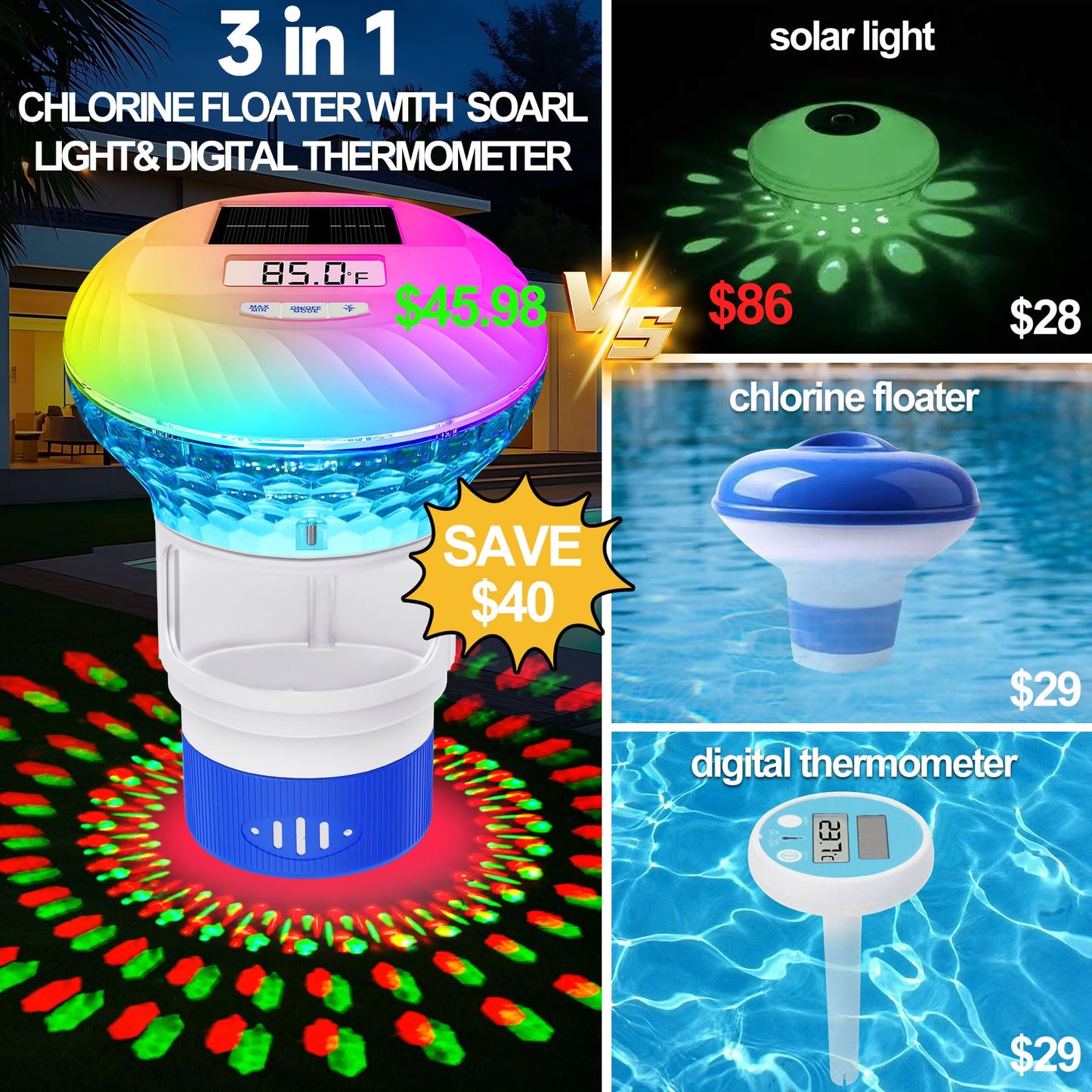 FineBud2025 Upgrade Pool Chlorine Floater with Thermometer,Digital Screen Floating Chlorine Dispenser for Pool,Solar pool Chlorines floater with Light,Button Control chlorine floaters with Thermometer