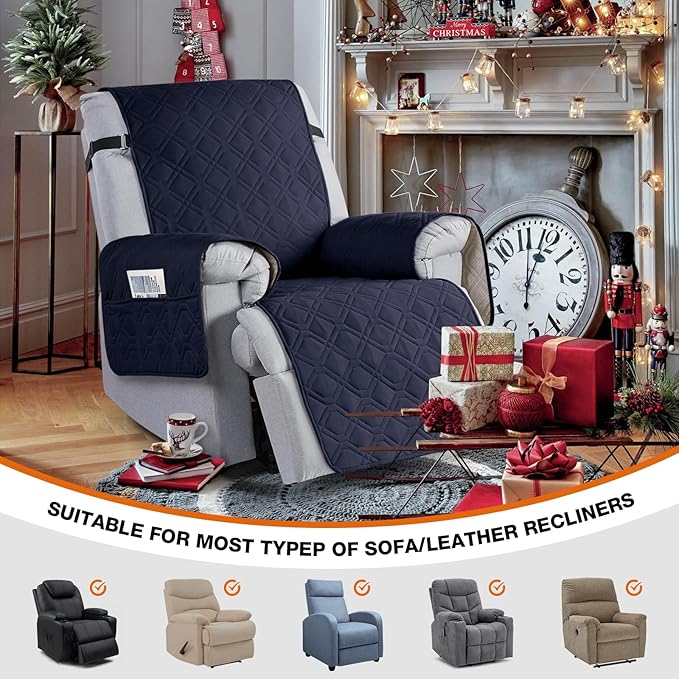 VANSOFY 100% Waterproof Recliner Chair Covers, Recliner Cover Non-Slip Dog Chair Cover Furniture Protector Washable Slipcover with Pocket, Elastic Straps for Pets, Dogs(Dark Blue, 22")
