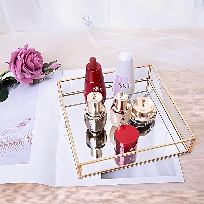 Sooyee Gold Square Mirror Tray, 8"x8" Metal and Glass Decorative Tray for Jewelry, Perfume, Makeup, Vanity, Dresser, Bathroom, Bedroom, Office, Coffee Table