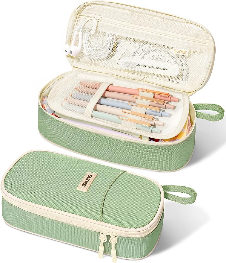 SUNEE Cute Pencil Case, Large Pencil Pouch, Aesthetic Big Pencil Bag with Zipper, Kawaii Stationery Storage and Organizer, School Supplies for Boys and Girls Teen, Heavy Duty Oxford Canvas, Sage Green