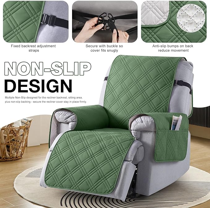 TAOCOCO Waterproof Recliner Chair Cover, Non Slip Oversized Recliner Covers for Recliner Chair with Pocket, Reclining Chair Cover Furniture Protector for Kids, Pets(Oversized Recliner, Vine Green)