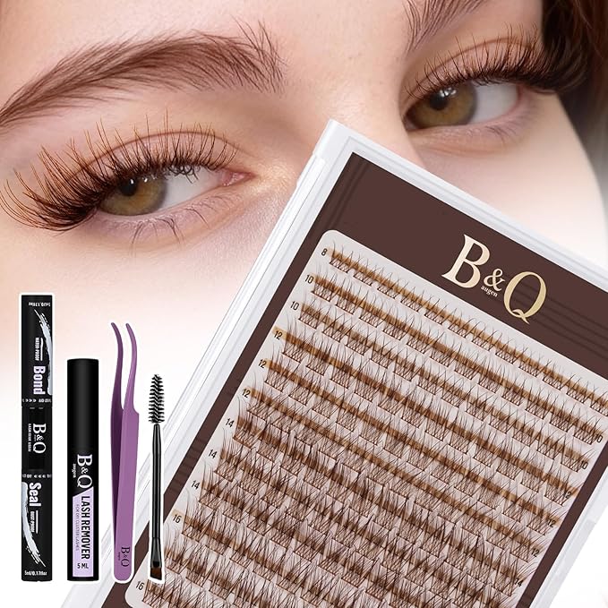 B&Q Brown Lash Clusters Kit Natural Mochalash Clusters 03, Wispy Eyelash Clusters Kit C-Curl Cluster Eyelash Extensions 8-16mm Brown Lash Eyelashes Kit for Fair/Dark Hair(Mochalash 03 Set)
