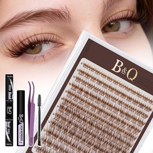 B&Q Brown Lash Clusters Kit Natural Mochalash Clusters 03, Wispy Eyelash Clusters Kit C-Curl Cluster Eyelash Extensions 8-16mm Brown Lash Eyelashes Kit for Fair/Dark Hair(Mochalash 03 Set)
