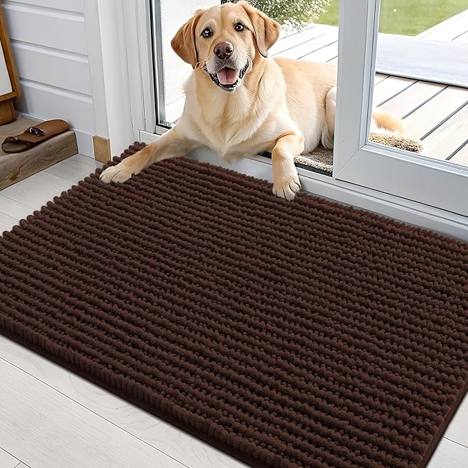 OLANLY Dog Door Mat for Muddy Paws 36x24, Ultra Absorbent Chenille Mud Doormat, Non-Slip Washable and Dirt Trapping Doormat for Indoor Entryway, Quick-Dry Indoor Pet Bed Mats for Dogs, Brown