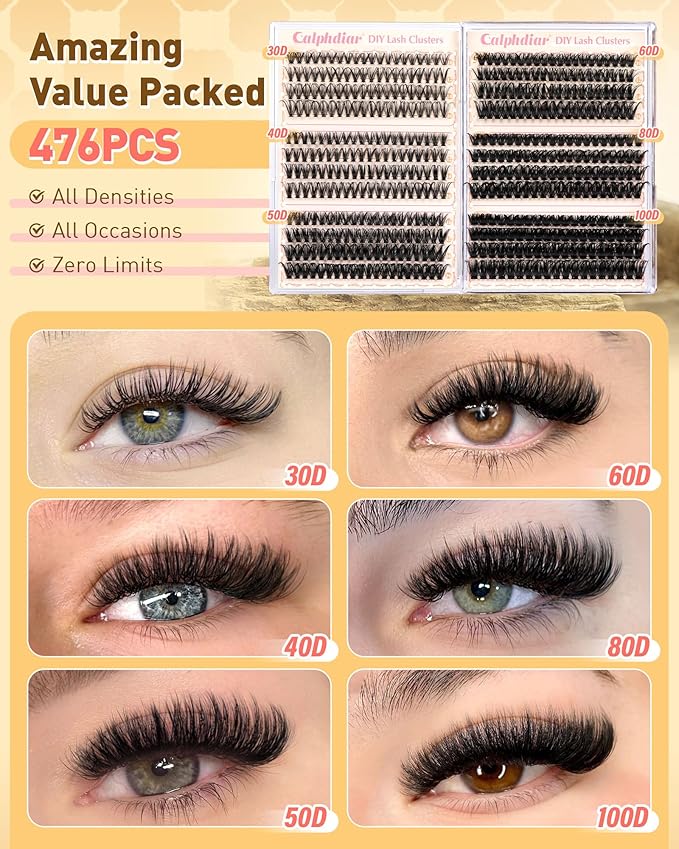 Calphdiar Eyelash Clusters 30D+40D+50D+60D+80D+100D Lash Clusters Wispy Individual Lashes 476PCS D-curly Lash Extension 10-16MM Natural Lashes Clusters DIY Cluster Eyelash Extensions