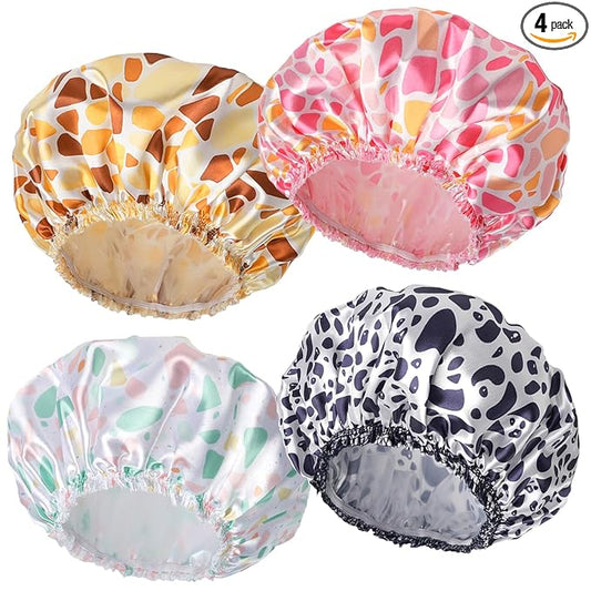 Shower Caps for Women, 4 PCS Elastic and Reusable Bath Caps, Double Layers Shower Cap Reusable Waterproof, Bathing Shower Caps, Environmental Bath Hair Protection Cap - Stone