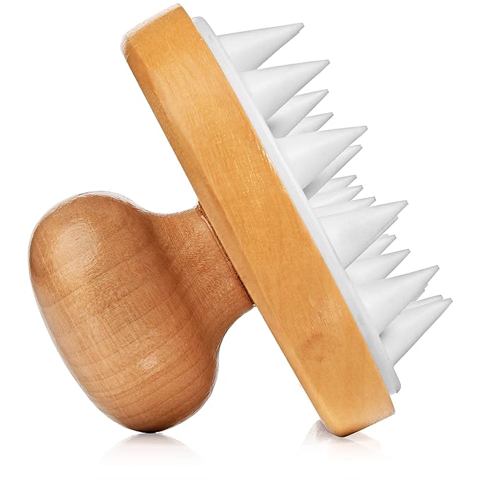 GranNaturals Wooden Shampoo Scrubber Brush - Shower Scalp Massager for Men & Women - Head Exfoliator with Silicone Bristles - Helps Promote Healthy Blood Flow, Dandruff Removal