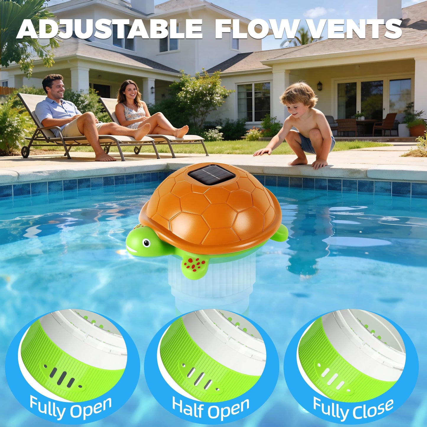 Chsuiwe Pool Chlorine Floater with Light, Turtle Solar Chlorines Floaters with Adjustable Release, Chlorine Floater for 4 * 3'' Disks, Easy Opening Floating Pool chlorines Dispenser for Swimming Pool