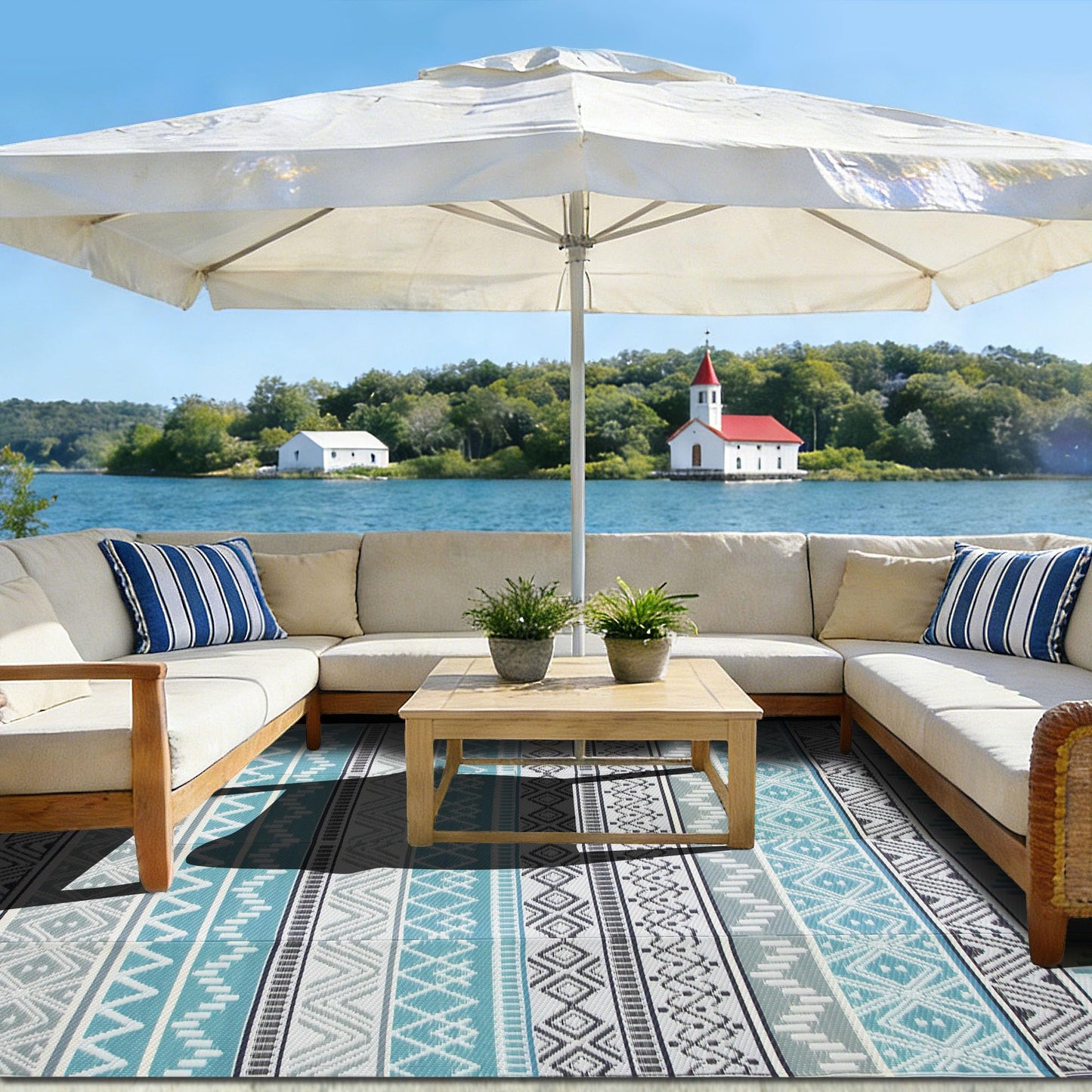 Strickland Home Outdoor Rug Waterproof 5 x 8 ft, Reversible Plastic Straw Rug for Patio, Large Outdoor Carpet for RV, Patio, Camping, Backyard, Deck, Picnic, Beach, Blue & Grey
