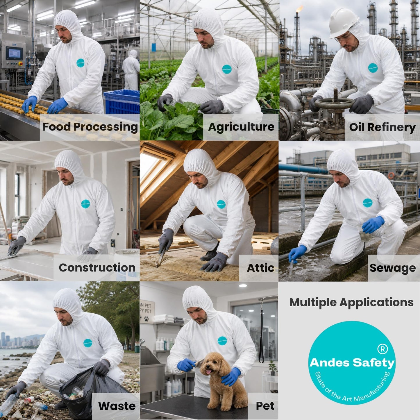Andes Safety Hazmat Suit, Heavy Duty Full Body Disposable Paint Suit, Coverall with Hood, Elastic Wrists and Ankles (L)