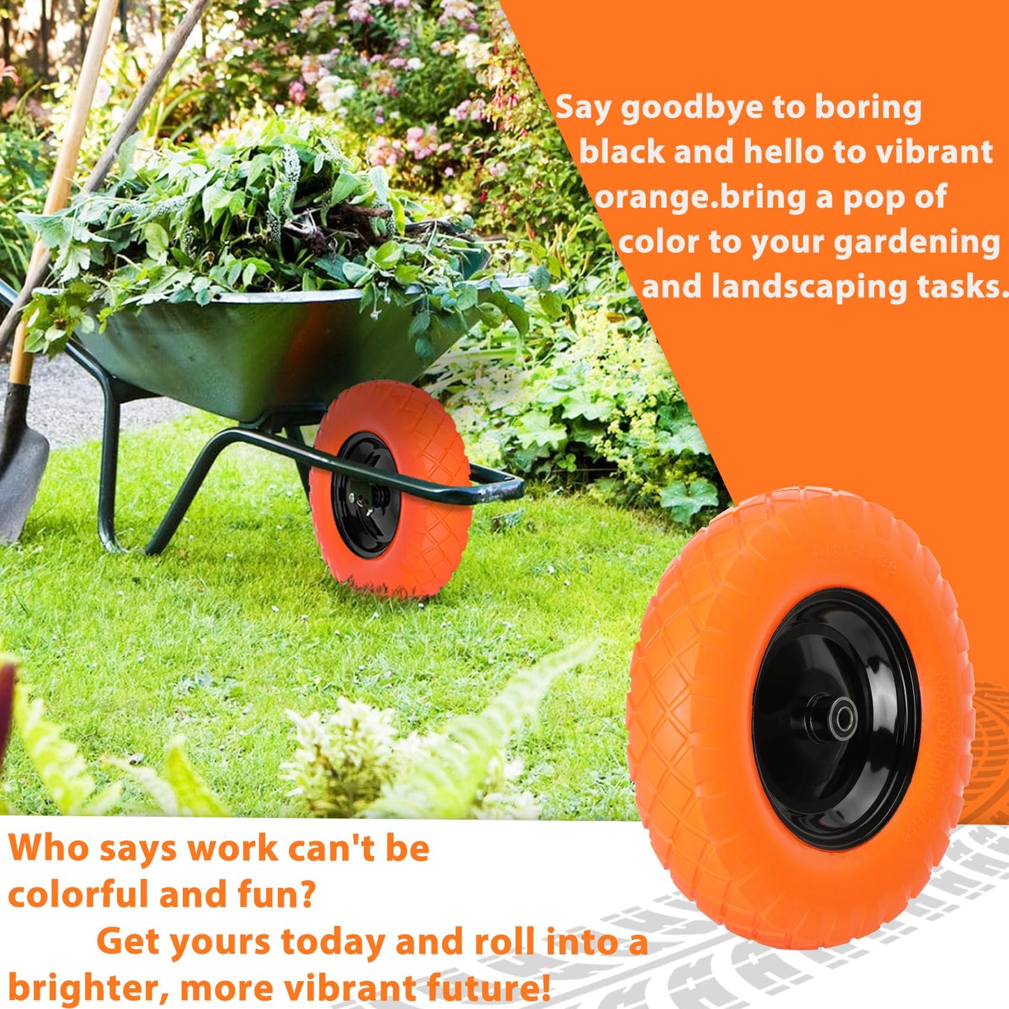 Pontuss Upgraded 16" Flat Free Wheelbarrow Wheels and Tires, 4.80/4.00-8 Solid Tires with 5/8"&3/4" Bearings, Universal Fit for Wheelbarrows/Garden Trailer